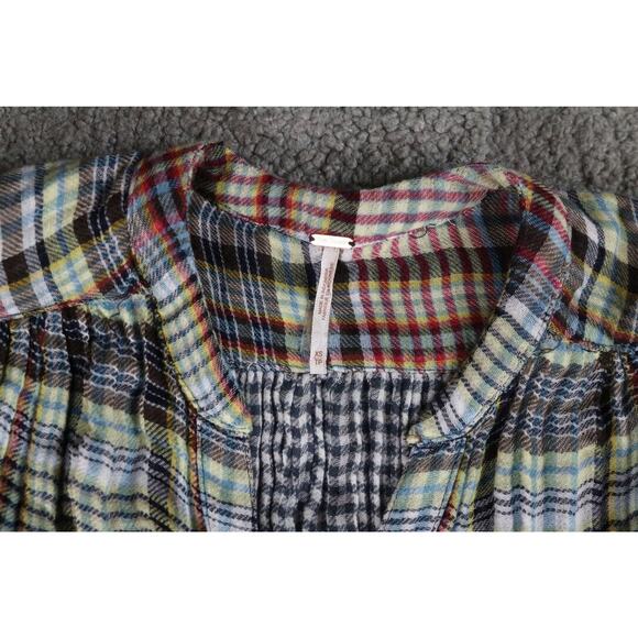 Free People Top Womens Xs Come On Over Plaid Top Button Front Fringe Hem - Picture 3 of 11
